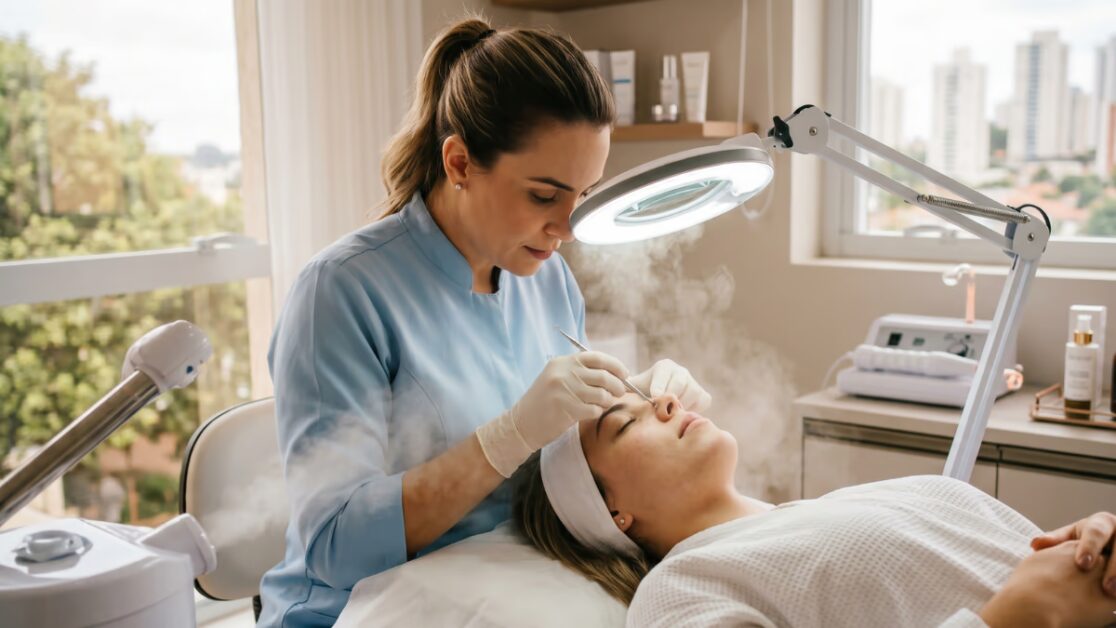 Limpeza de Pele Profunda em São Carlos: quando fazer e o que esperar 1 Profissional realizando limpeza de pele profunda com extração de cravos e vapor de ozônio em clínica em São Carlos