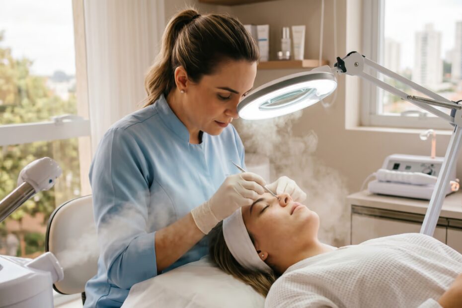 Profissional realizando limpeza de pele profunda com extração de cravos e vapor de ozônio em clínica em São Carlos